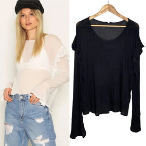 IRO Black Dunia Ruffle Trim Long Bell Sleeve Top Blouse Size Medium